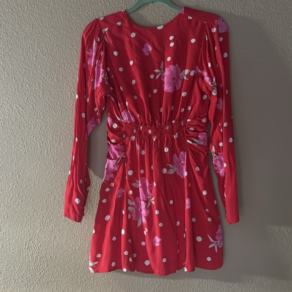 Free People long sleeve red mini dress with flowers and cream polka dots. Size S - Picture 2 of 9